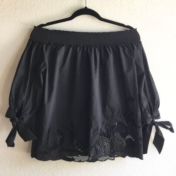 Stretchy off should blouse tie cuff lattice hem witchy date night - Picture 2 of 4